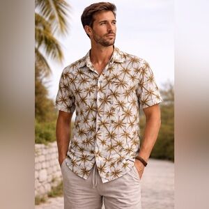 Orvieto Casual Button-Down Shirt L Caramel Palm Print 100% Cotton